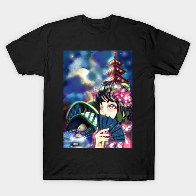 Anime Girl in Kimono on a Summer Night T-Shirt by Summer_Childe